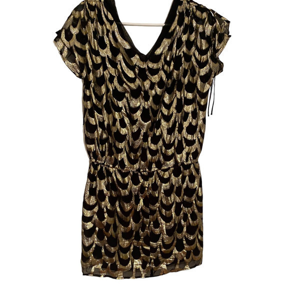 Glam Black and Gold Shimmery Short Sleeve Dress‎ or Tunic 100% Silk Y2K Made USA - Picture 2 of 9